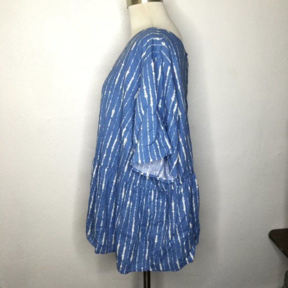 Denim & Co. Naturals Printed Linen Blend Peplum Blouse Plus Size 2X Blue/White - Picture 6 of 11